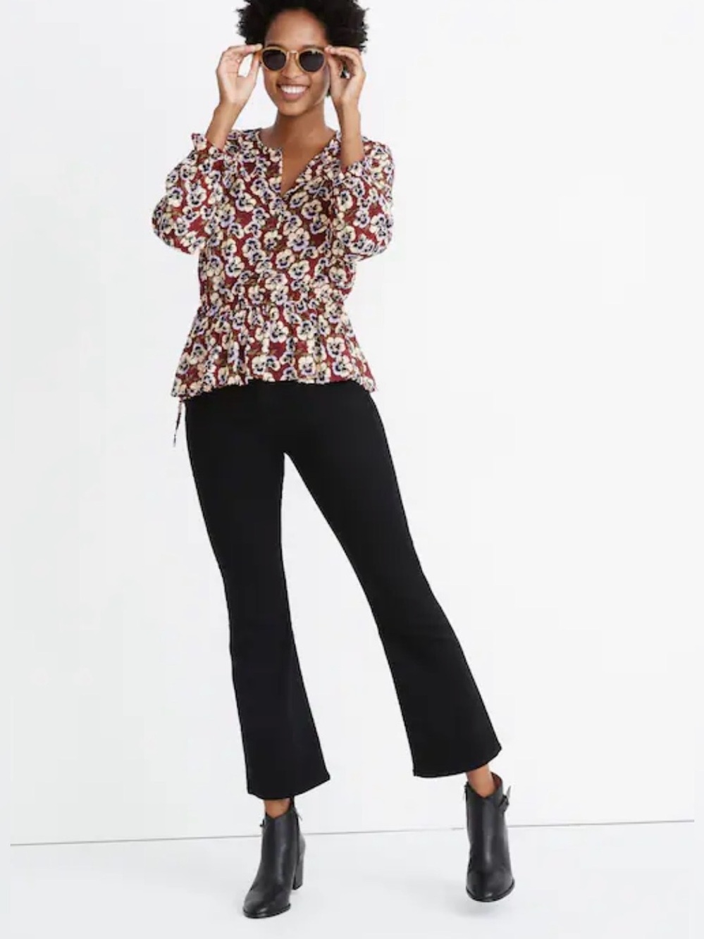 Madewell Drawstring Ruffle-Hem Top in
Viola Floral Pansy  Dusty Burgundy Large
